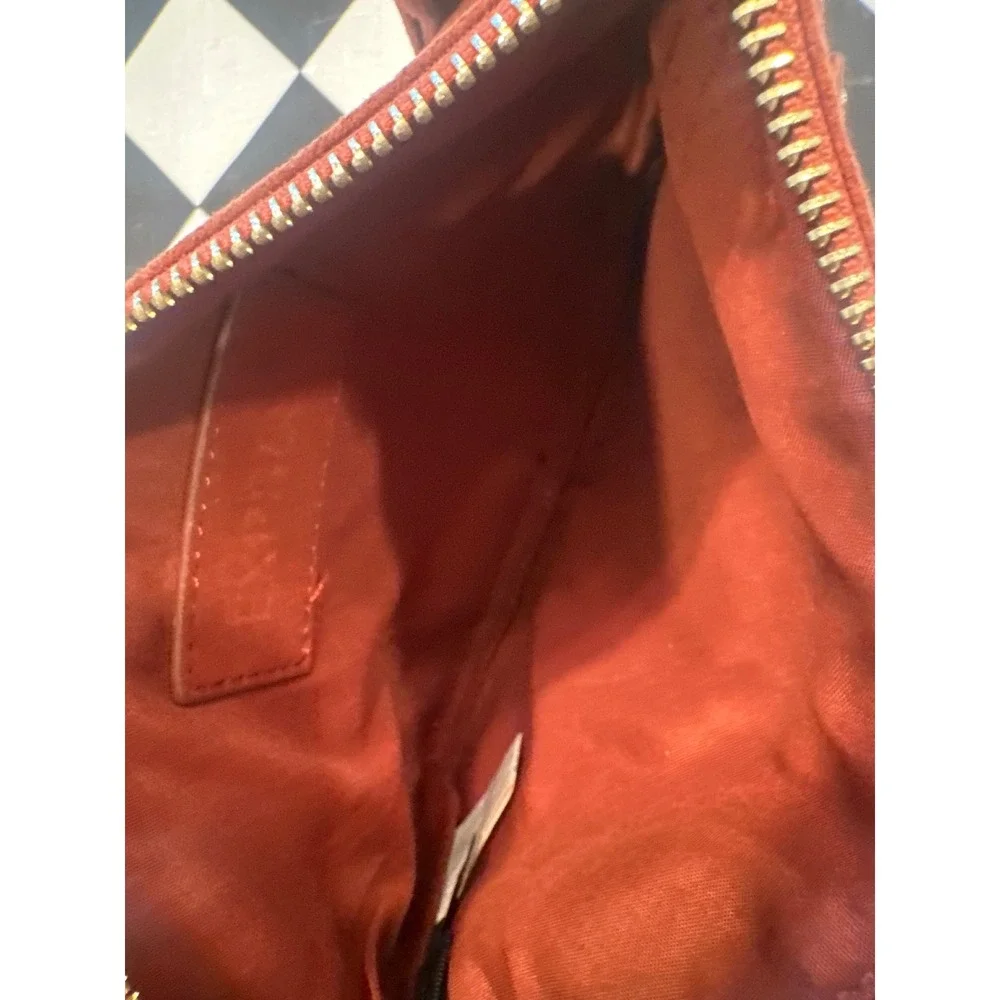 Express Rust Orange Suede Wristlet Clutch Bag Gold Hardware Zipper Pouch